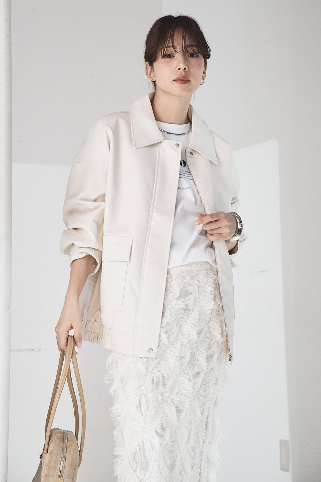 [SET]レザーライクオーバーサイズブルゾン+カットフリンジニットタイトスカート(2set)