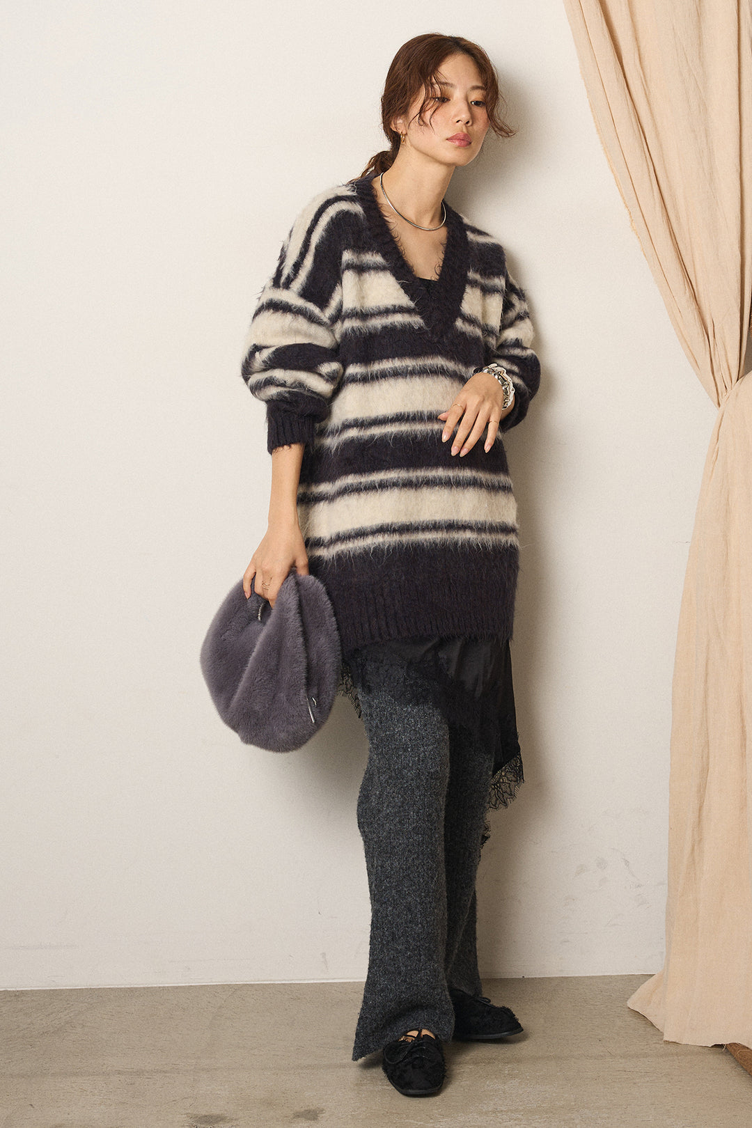 [SET]ルーズVネックボーダーニットトップス+杢ニットリブフレアパンツ(2set)