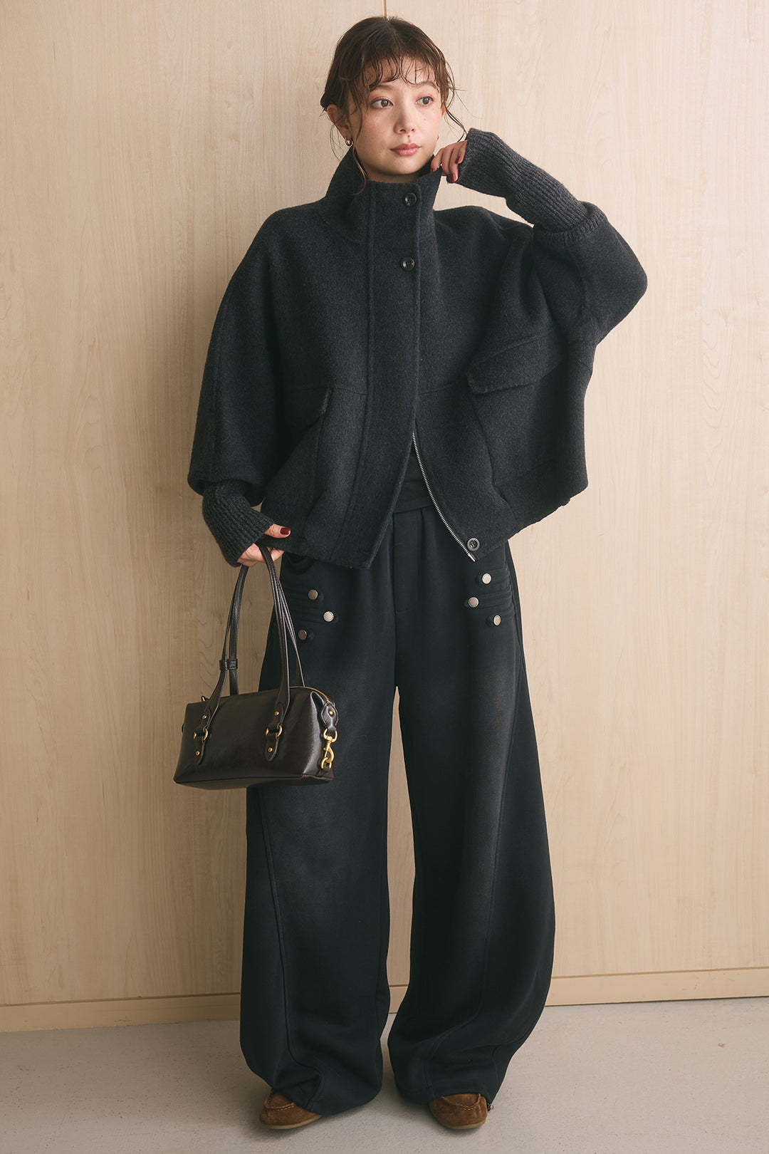 [SET]ウール混スタンドカラースリーブリブコート+ナポレオンディテールカーブパンツ(2set)