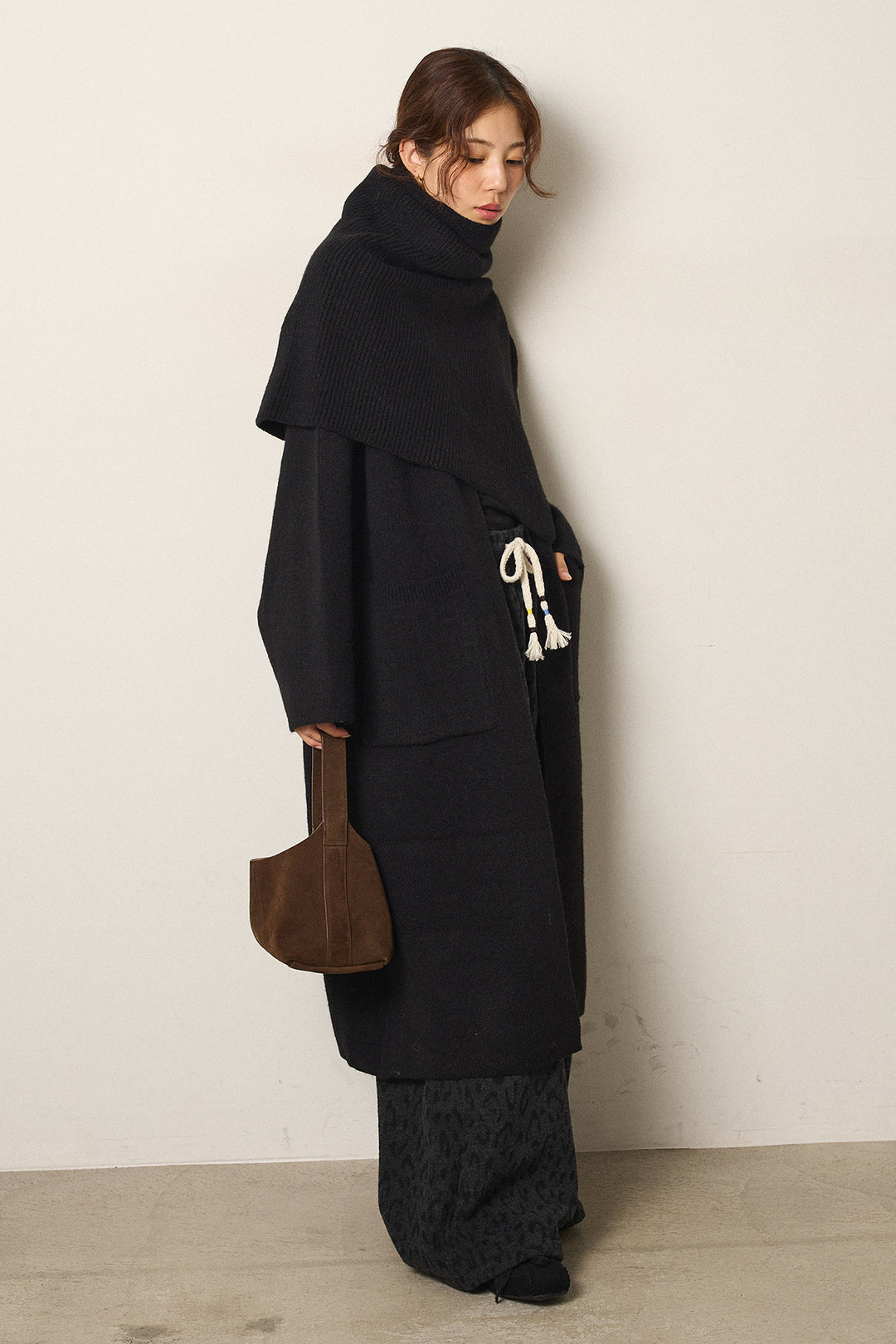 [SET]ケープレイヤードロングカーディガン+レオパードジャガードニットパンツ(2set)