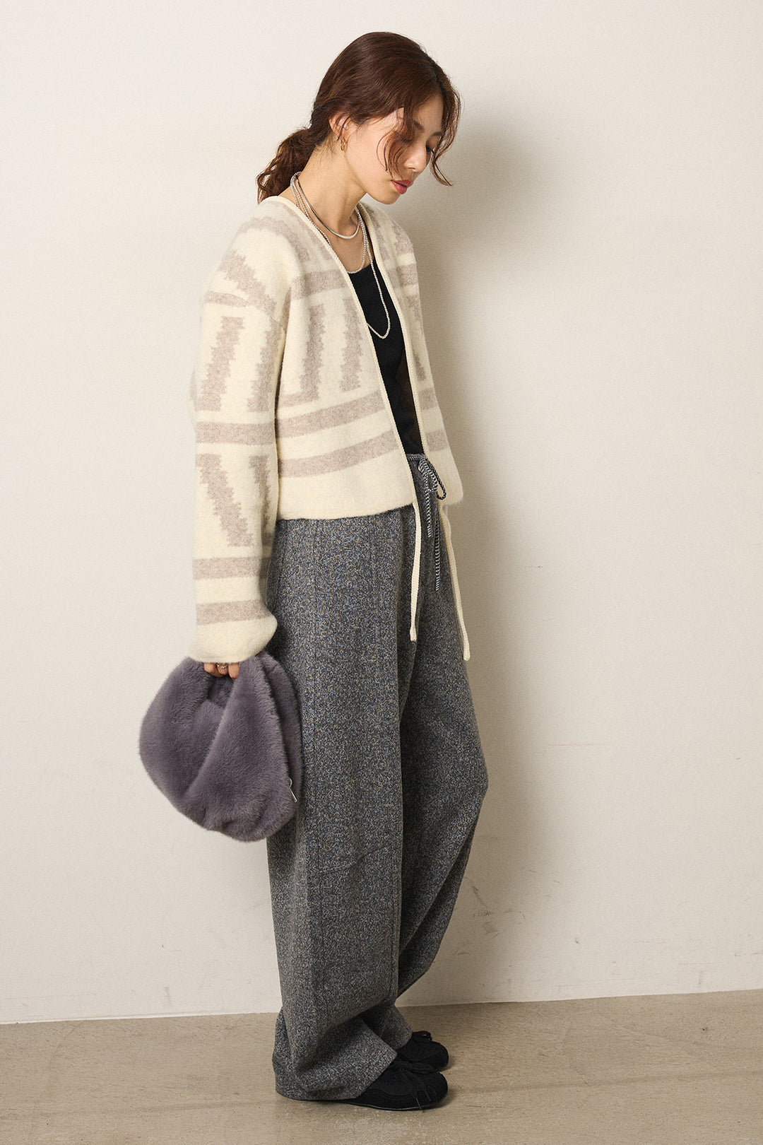 [SET]幾何学柄ノーカラーカーディガン+杢ニットフレアパンツ(2set)
