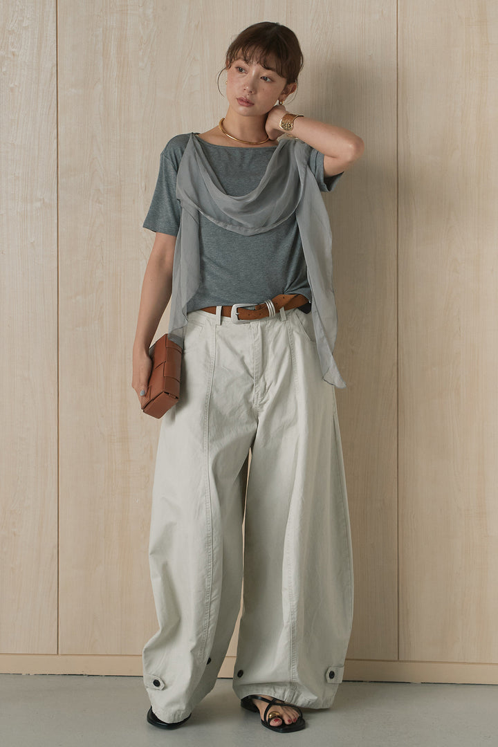 [SET]シフォン付きドレープ半袖カットソー+裾ボタン付きバレルパンツ(2set)