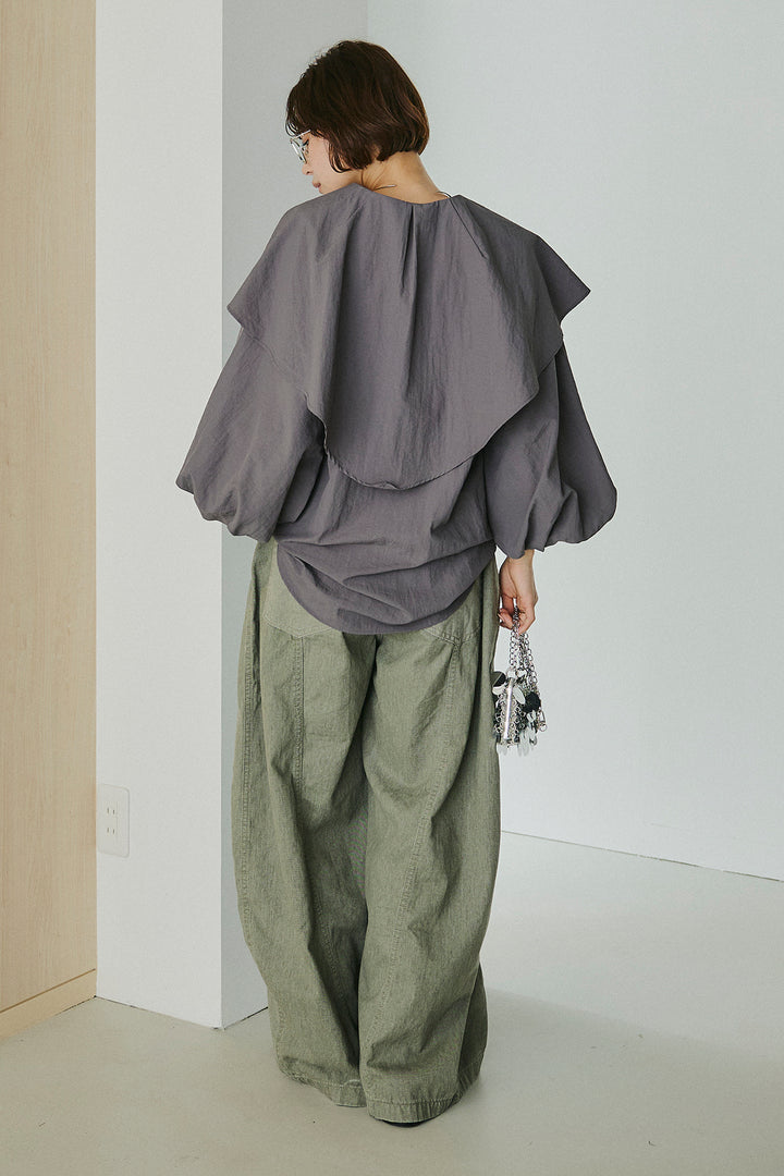 [SET]ケープカラーナイロンブラウス+サイドベルトカーブワイドパンツ(2set)