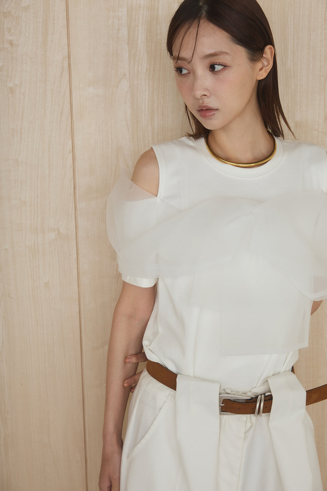 [SET]シアーレイヤーデザインカットソー+ベルトループワイドパンツ(2set)