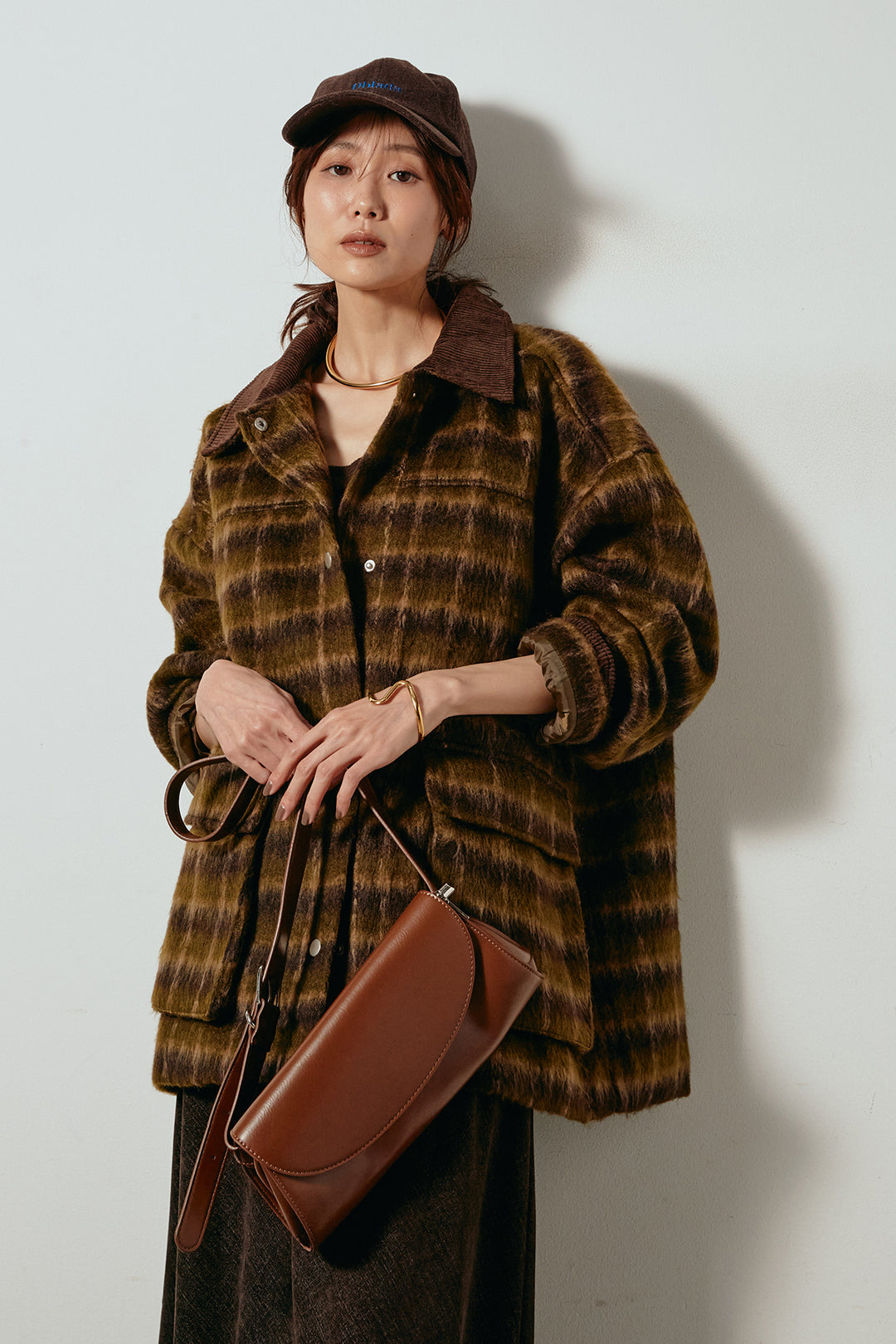 [SET]チェックシャギーミドルカバーオール+スウェードライクロングスカート(2set)