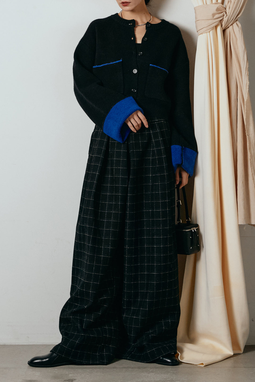 [SET]アルパカタッチダブルフェイスカーディガン+ウールライクチェックタックパンツ(2set)