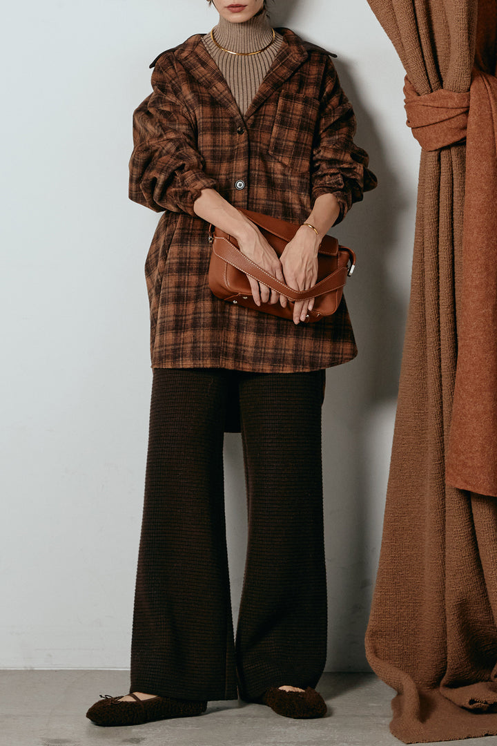 [SET]シャギーチェックシャツジャケット+ワイドリブニットイージーパンツ(2set)
