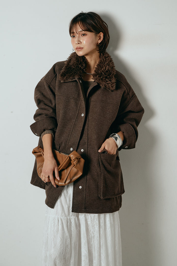 [SET]エコウール衿ファー薄中綿入りミドルカバーオール+ひげレース切替ロング丈スカート(2set)