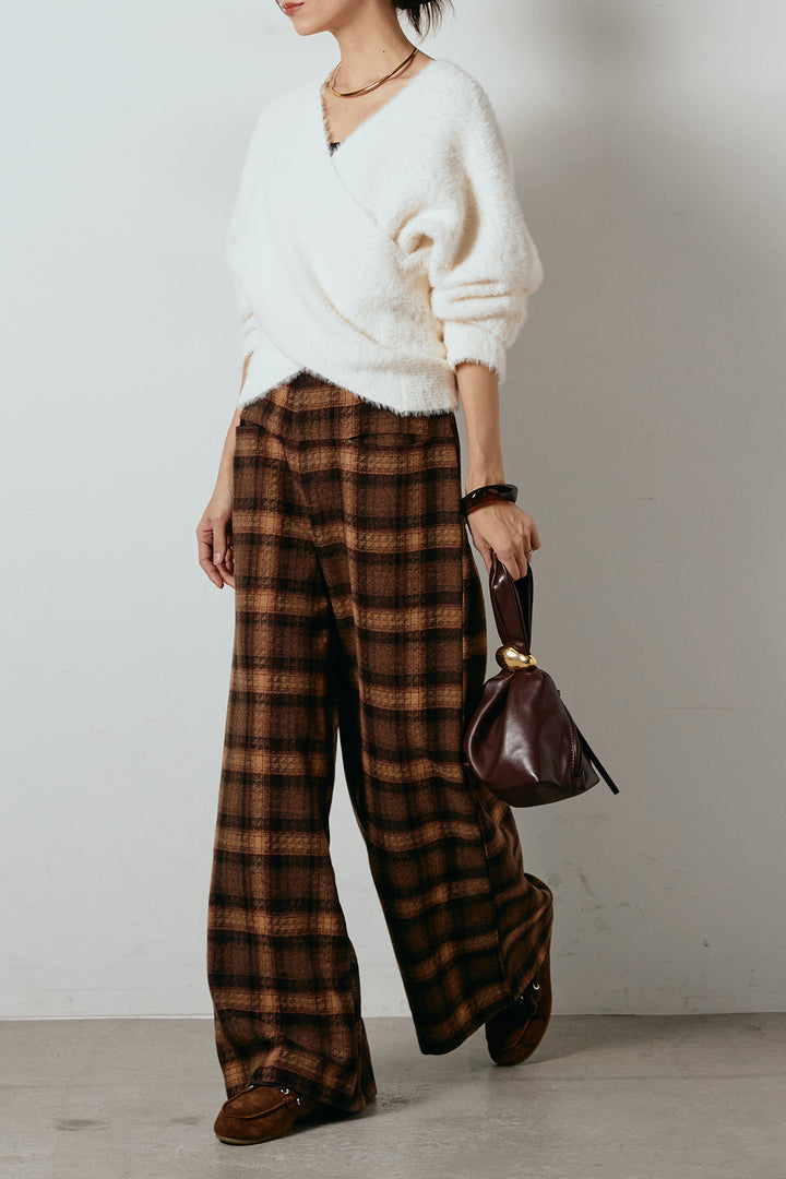 [SET]シャギーカシュクールニットトップス+ルーズタータンチェックワイドパンツ(2set)