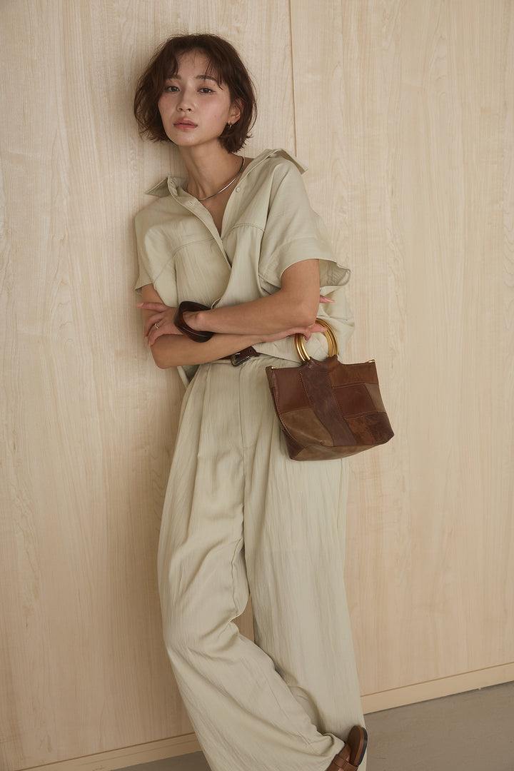 [SET]リネンライクランタンノースリシャツ+リネンライク2タックワイドパンツ(2set)