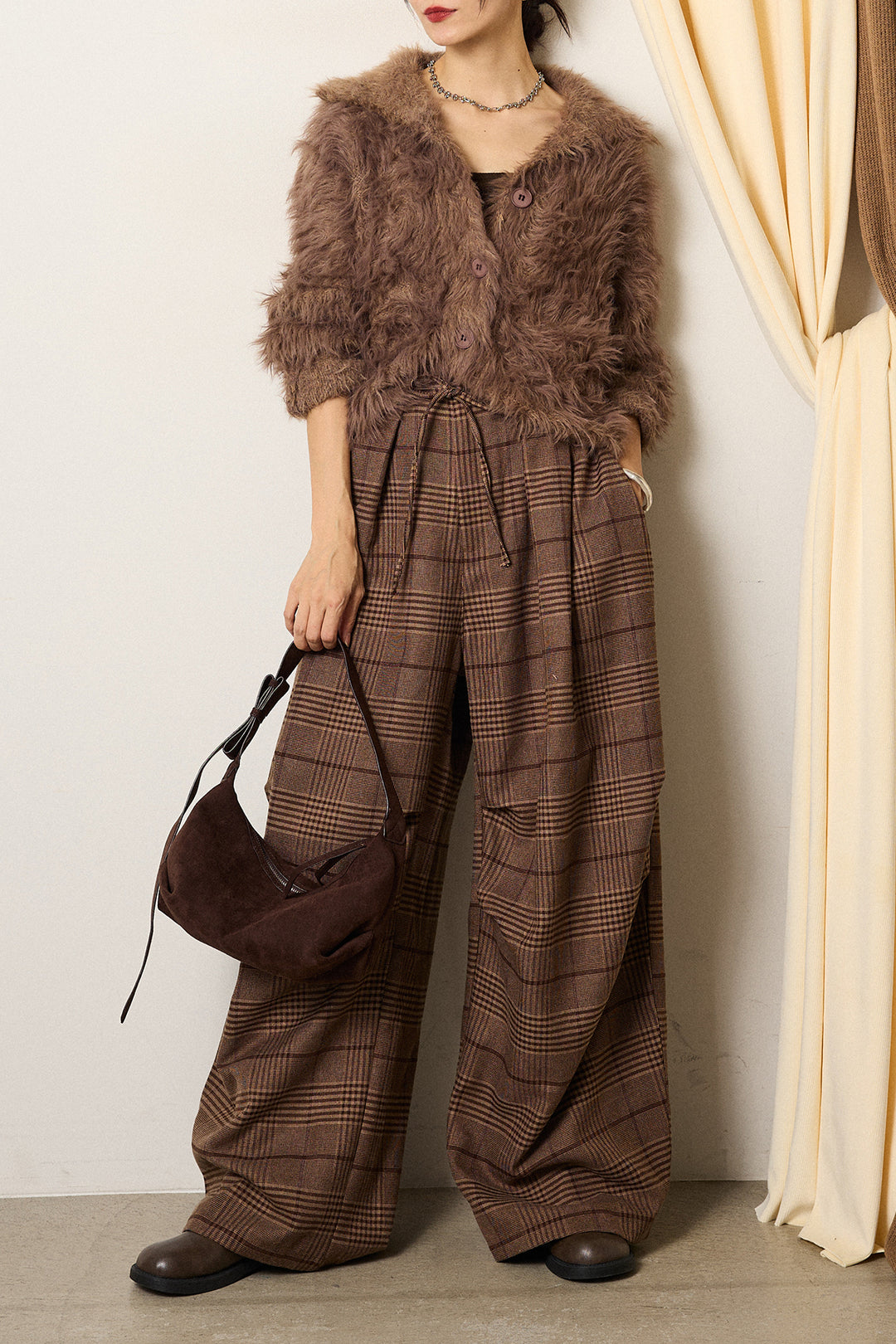 [SET]襟付きシャギーニットカーディガン+グレンチェックルーズタックパンツ(2set)
