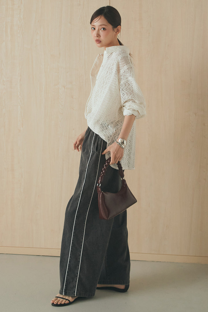 [SET]長袖襟付きレースシャツ+ドロストサイドラインデニムパンツ(2set)