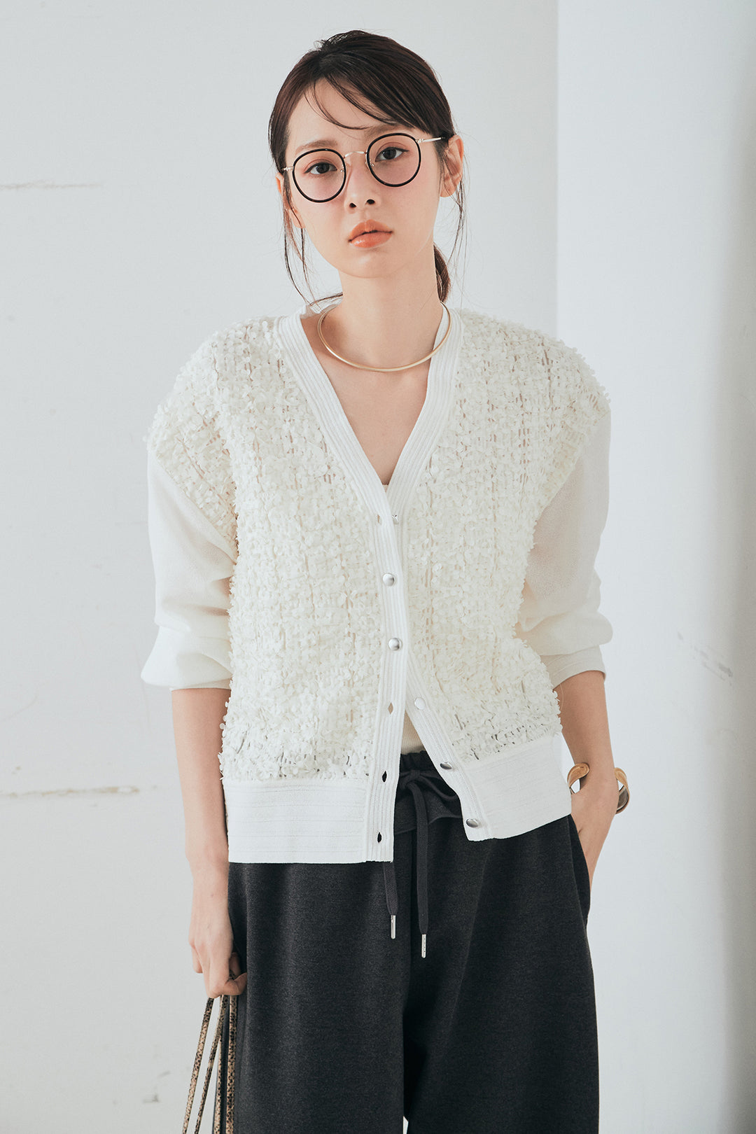 [SET]モコレースVネックカーディガン+カットダンボールウエストフリルカーブパンツ(2set)