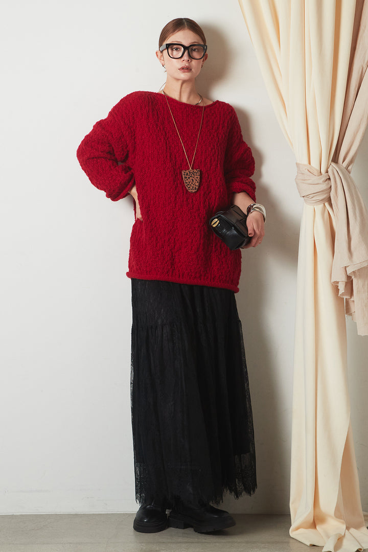 [SET]ボリューム編みニットプルオーバー+ひげレース切替ロング丈スカート(2set)