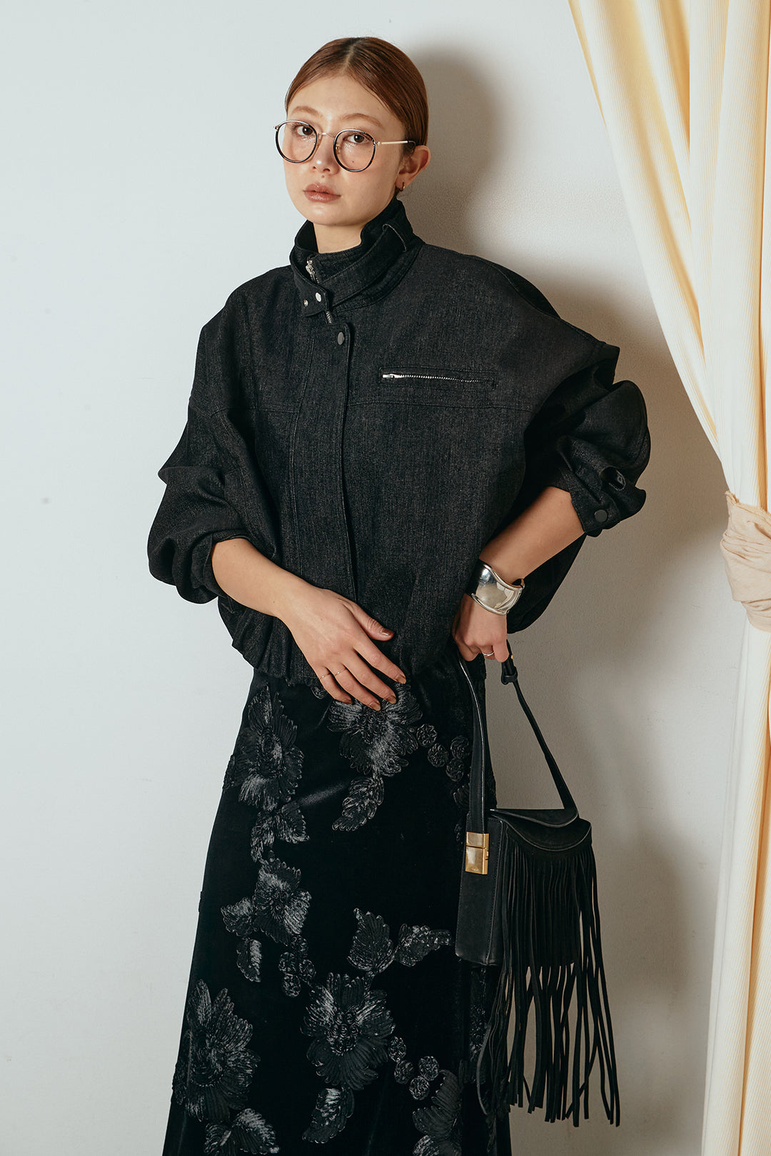 [SET]デニム調ハイネックブルゾン+フラワー刺繍ワイドスカート(2set)