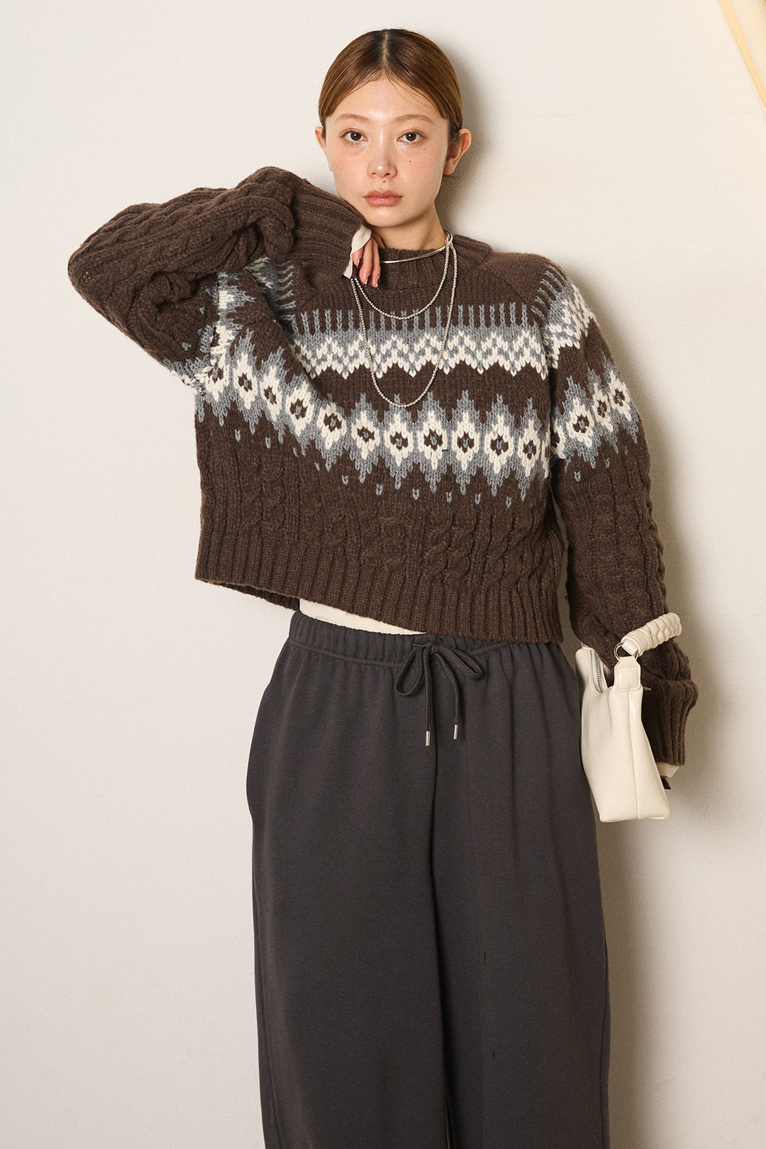 [SET]2WAY求心柄ジャガードショートカーディガン+裏起毛スウェットワイドパンツ+2WAY袖コード刺繍クルーネックプルオーバー(3set)