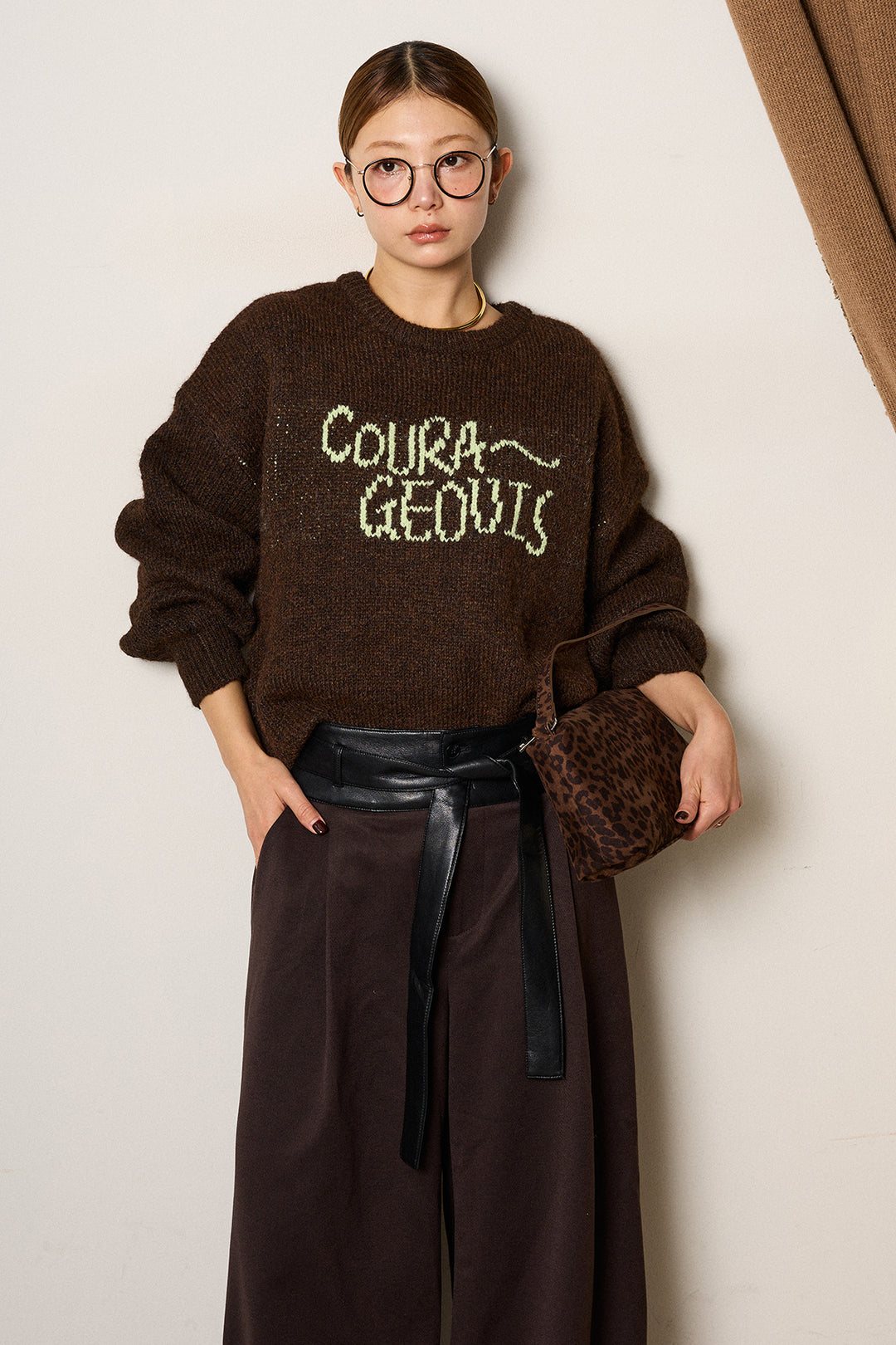 [SET]ロゴシャギーニットプルオーバー+巻ベルトウエストレザーライクワイドパンツ(2set)