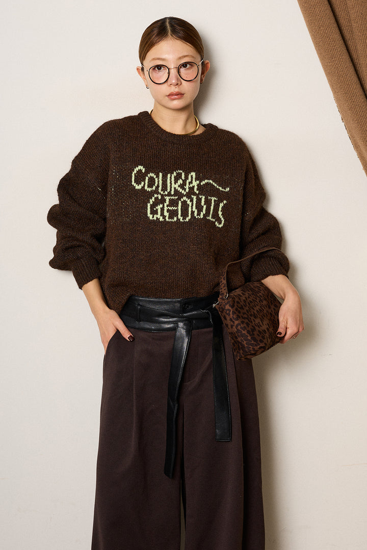 [SET]ロゴシャギーニットプルオーバー+巻ベルトウエストレザーライクワイドパンツ(2set)