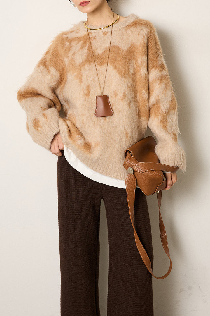 [SET]モヘアタッチマーブルニット+ワイドリブニットイージーパンツ(2set)