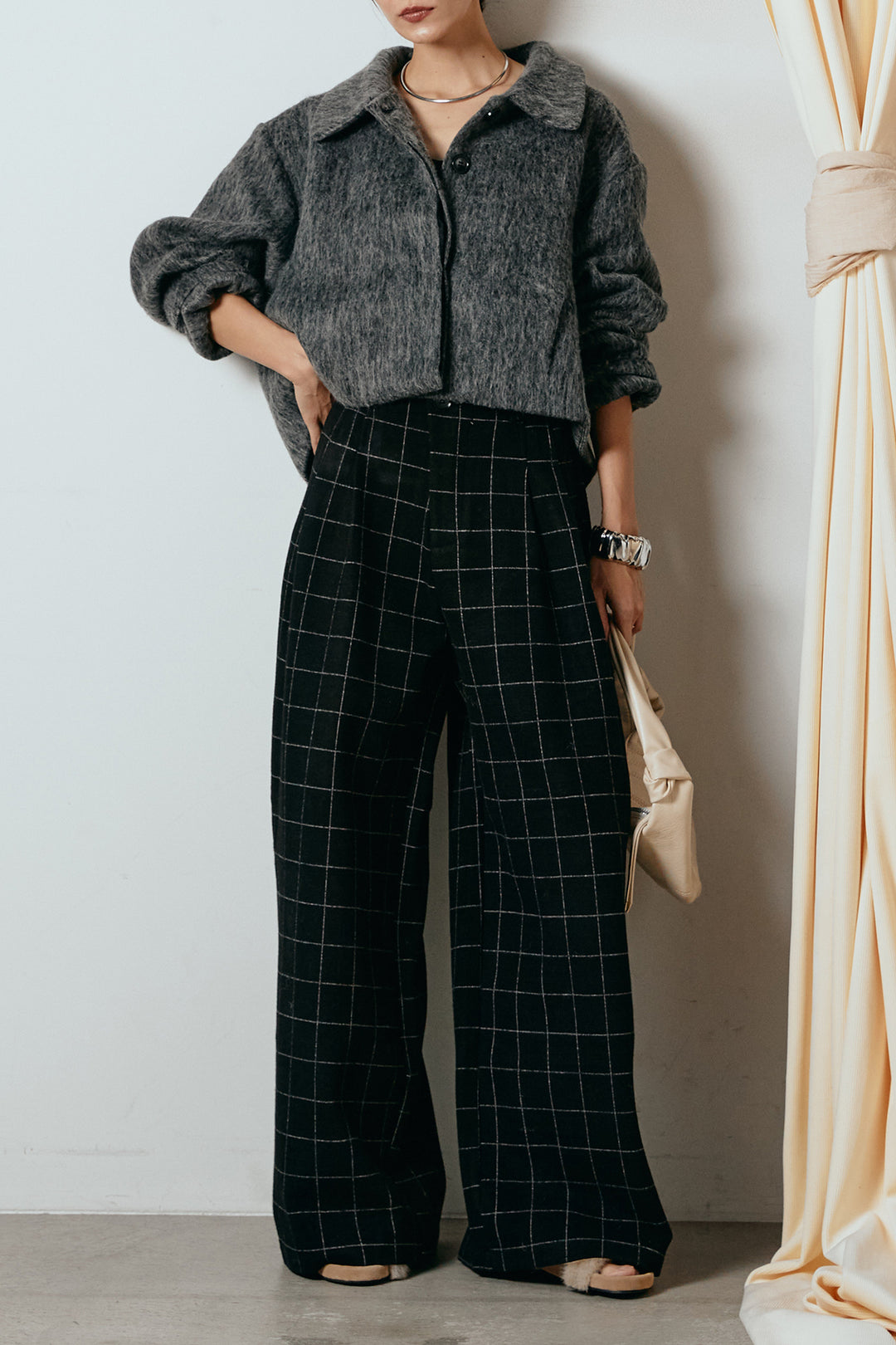 [SET]シャギーショートジャケット+スクエアチェック柄ワイドパンツ(2set)