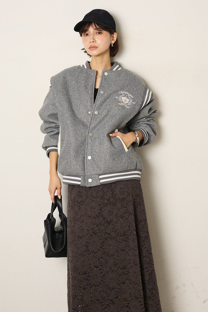 [SET]ワンポイントデザインブルゾン+花柄刺繍ベロアフレアスカート(2set)