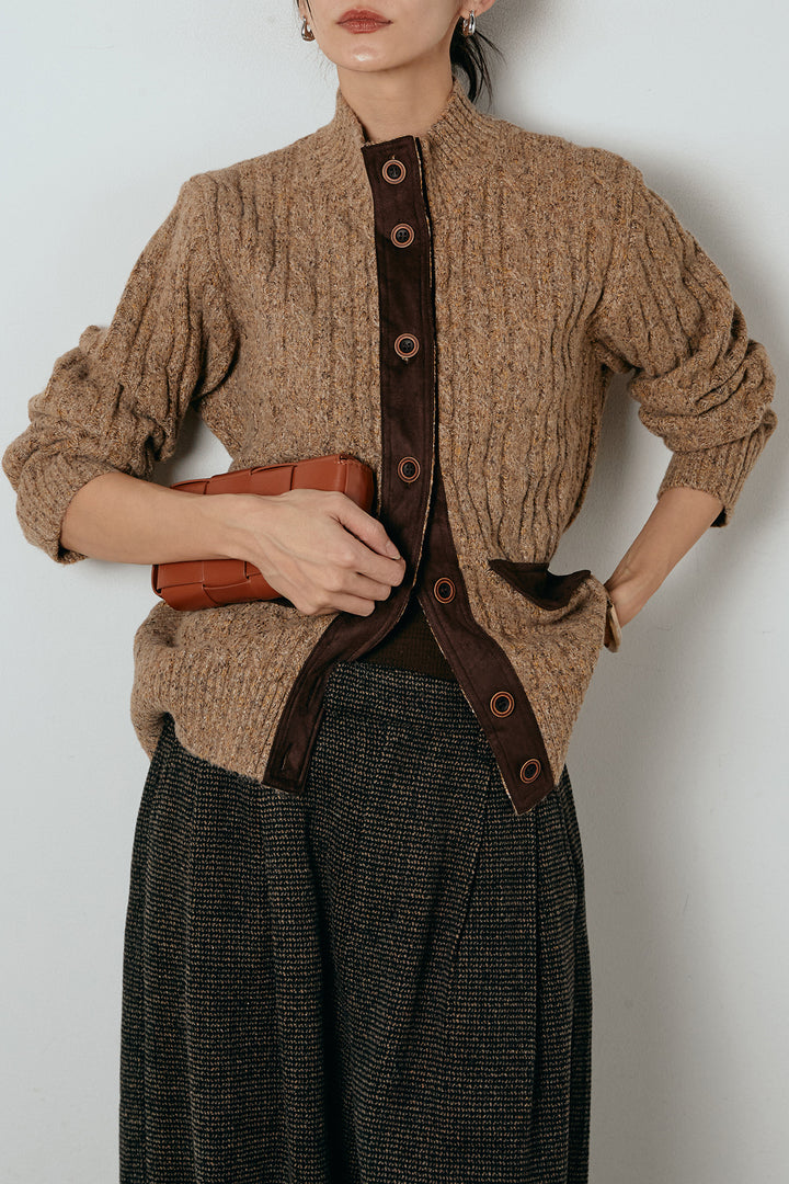 [SET]ボトルネックケーブルニットカーディガン+起毛タック入りツイードワイドパンツ(2set)