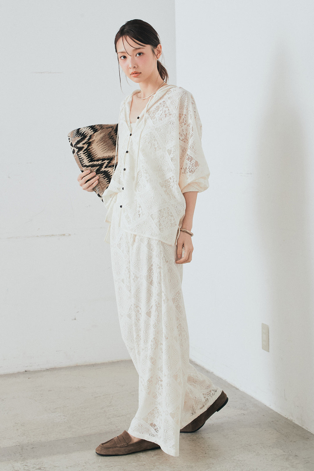 [SET]ブロックレースフード付きブラウス+リラックスブロックレースワイドパンツ(2set)