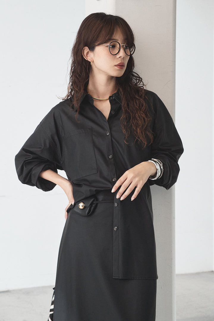 [SET]ウォッシャブルエコレザービックカフスシャツ+ウォッシャブルエコレザーナロースカート(2set)