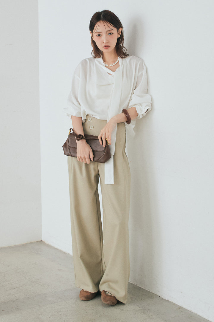 [SET]ニュアンスボータイブラウス+斜めボタンタック入りスラックス(2set)