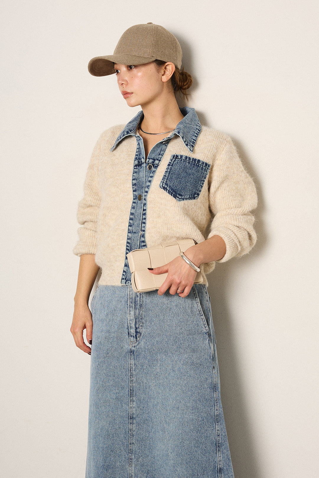 [SET]襟付きデニム切替ニットカーディガン+デニムロングフレアスカート(2set)