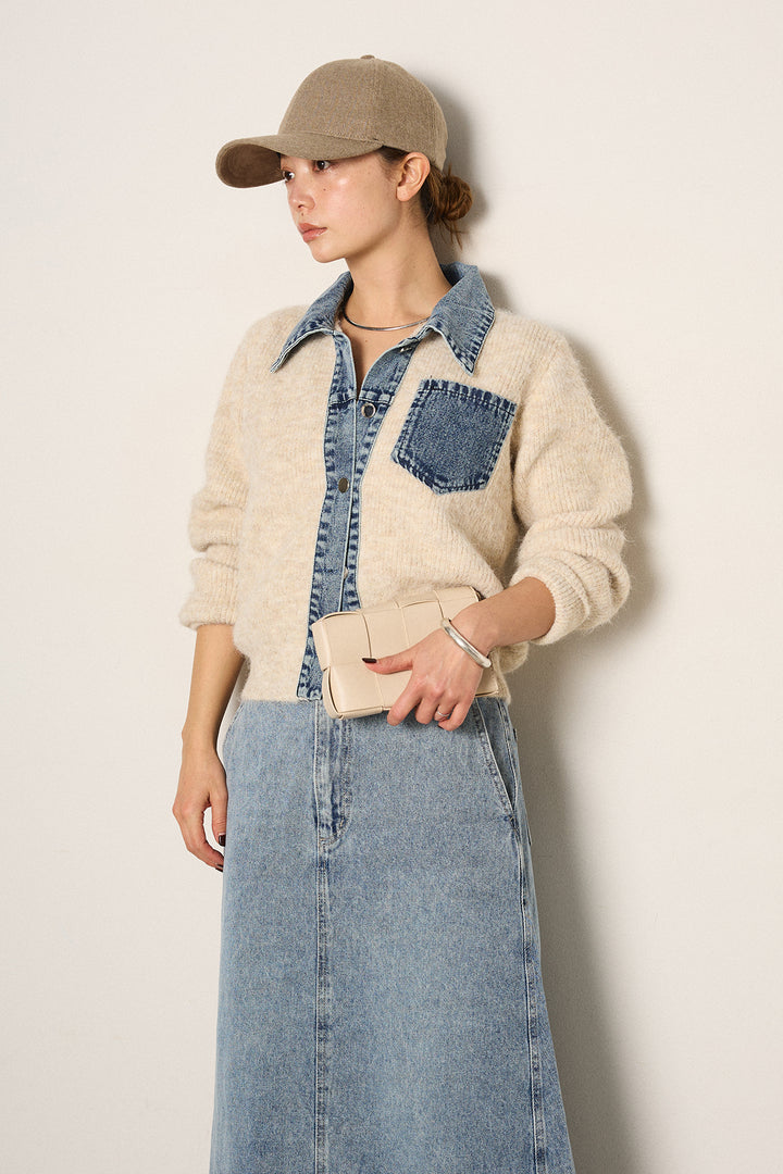 [SET]襟付きデニム切替ニットカーディガン+デニムロングフレアスカート(2set)