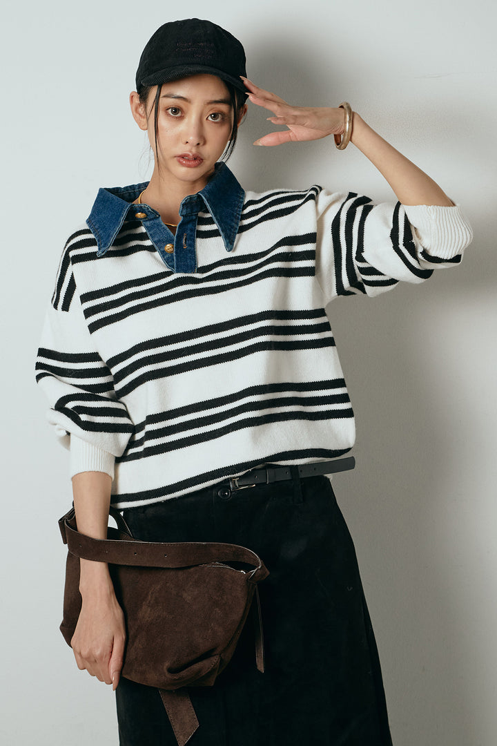 [SET]デニムレイヤード風ランダムボーダーニットプルオーバー+エコスウェードワイドスカート(2set)