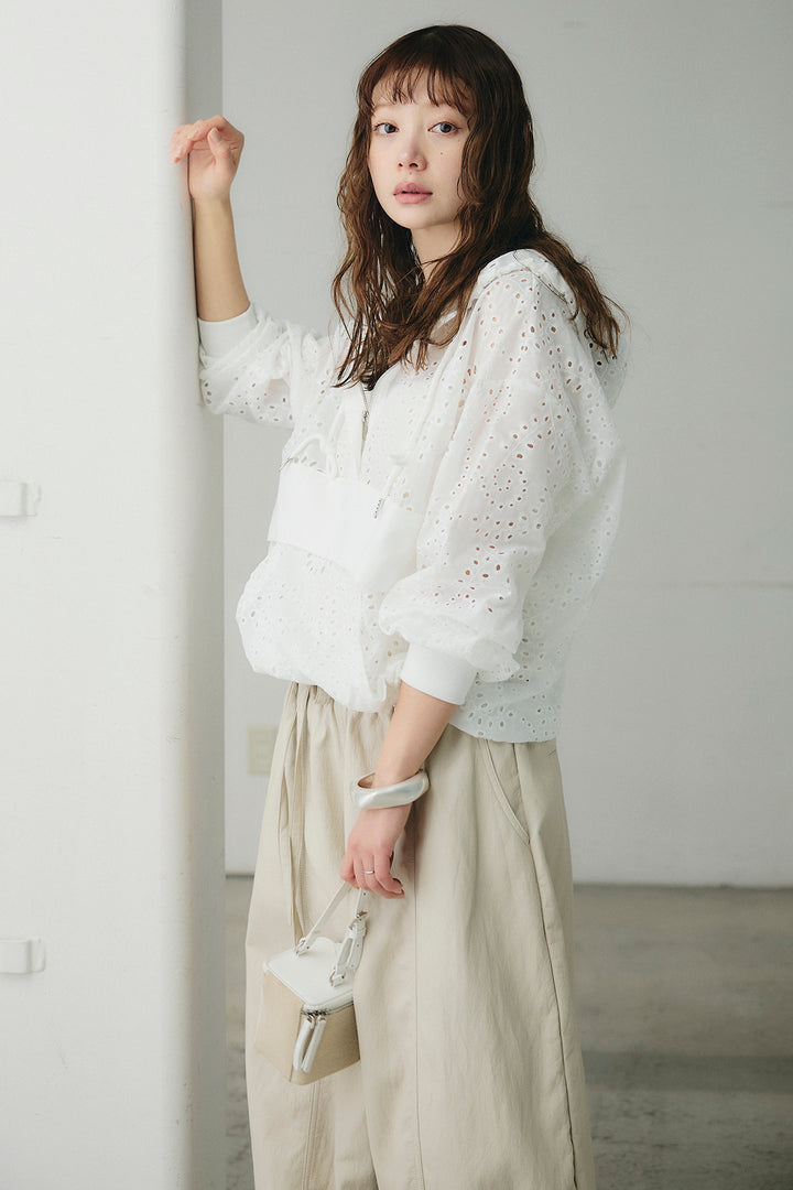 [SET]レースハーフジップアップフーディー+フェイクレザーカーブワイドパンツ(2set)