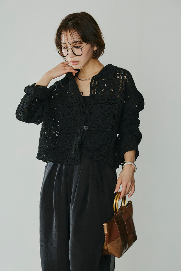 [SET]鍵編みフラワーレースカーディガン+オーガンジータックパンツ(2set)