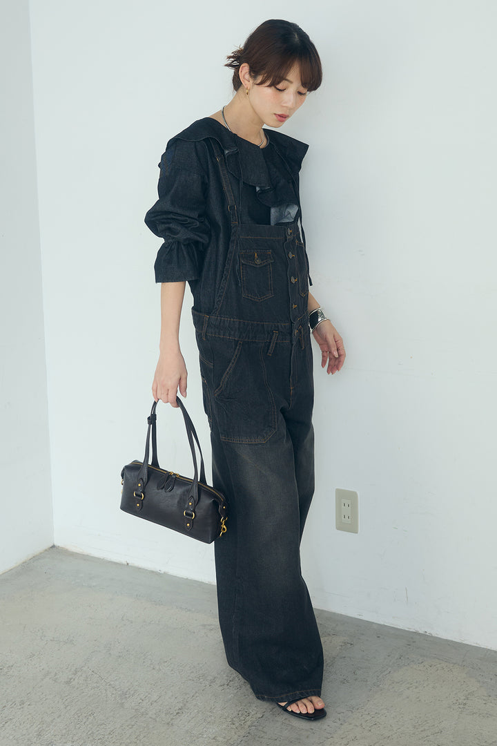 [SET]デニムフリルブラウス+デニムサロペットワイドパンツ(2set)