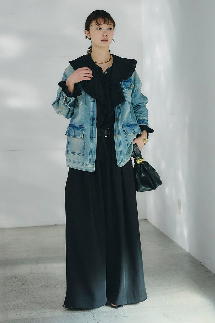 [SET]ノーカラーデニムポケットジャケット+コットンフリルブラウス+ベルト付きタックデザインハイウエストロングパンツ(3set)