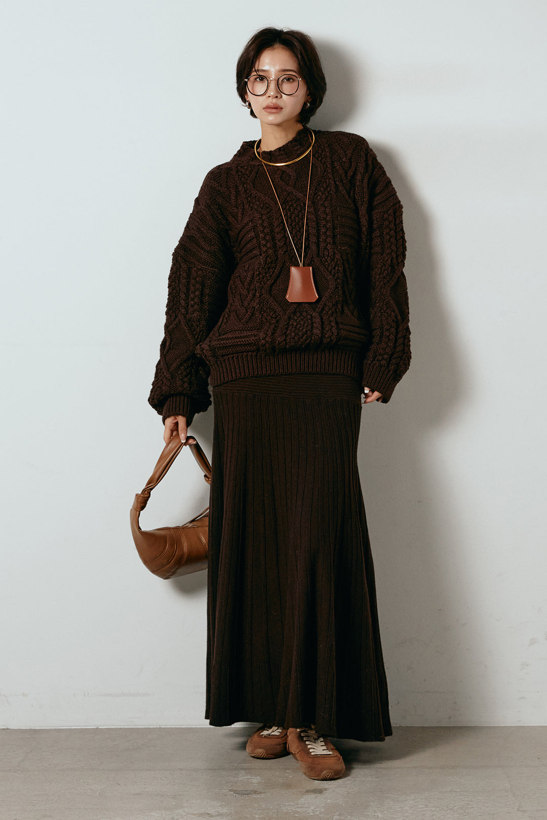 [SET]アラン柄ミックスケーブルニット+編み地切り替えフレアニットスカート(2set)