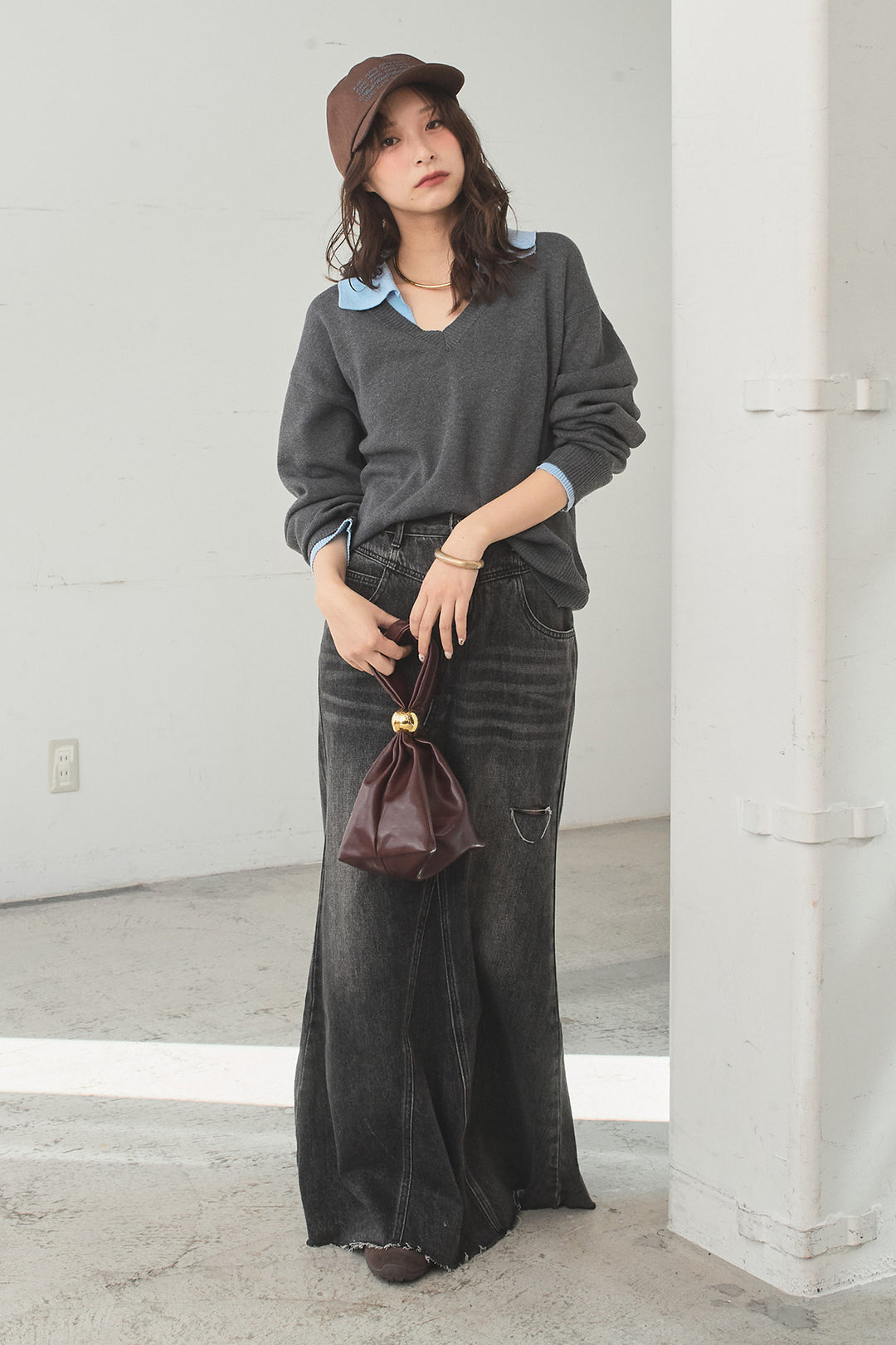 [SET]バイカラーニットレイヤード風プルオーバー+Aラインデニムスカート(2set)