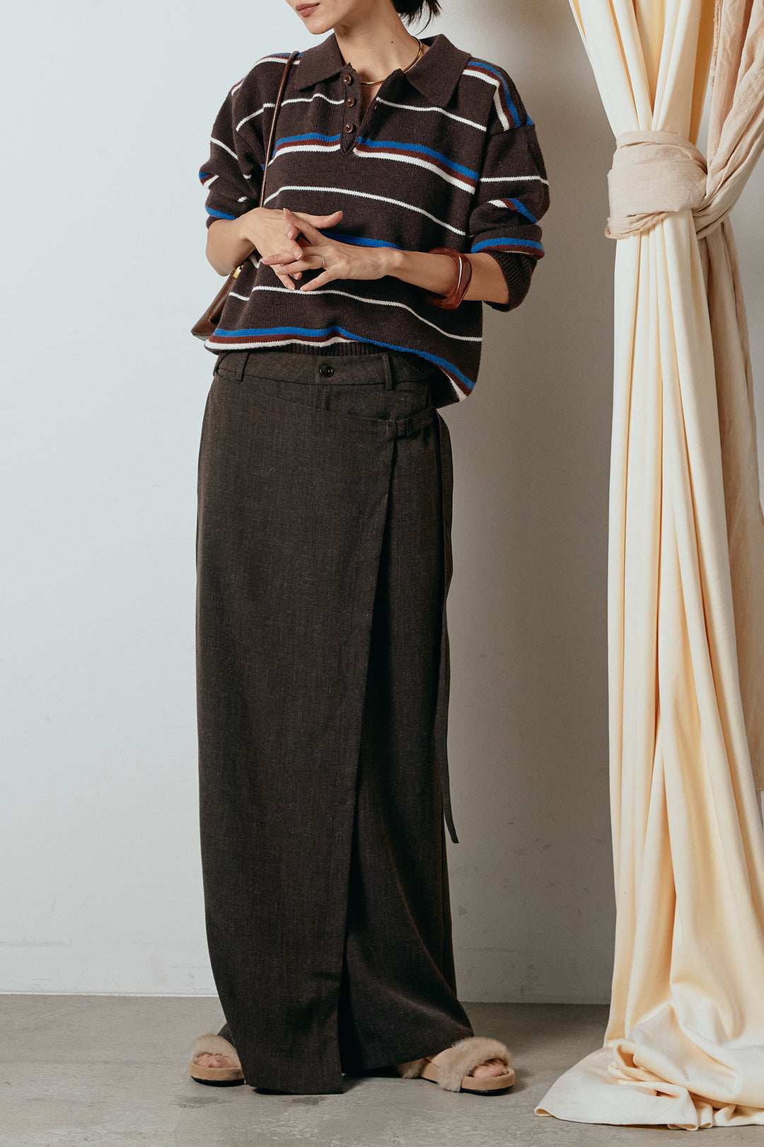 [SET]襟付きマルチボーダーニットポロトップス+ラップ巻きワイドスラックス(2set)