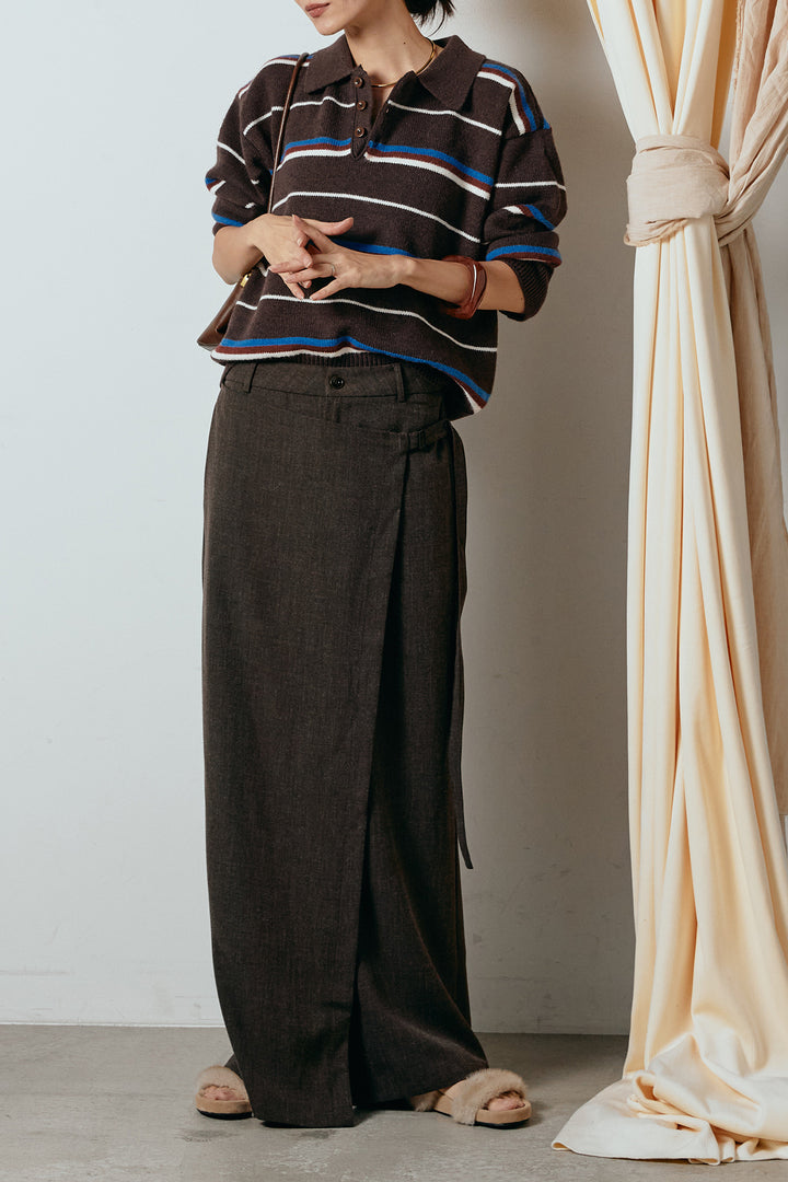 [SET]襟付きマルチボーダーニットポロトップス+ラップ巻きワイドスラックス(2set)