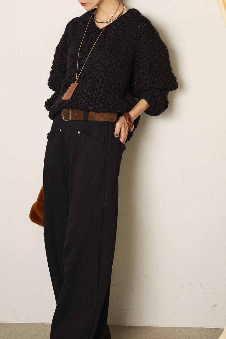[SET]Vネックハンド編みニットトップス+太ベルト付きスウェットワイドカーブパンツ(2set)