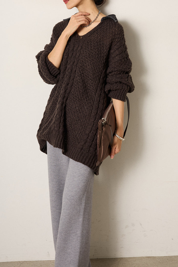 [SET]デニムカラーケーブルオーバーニット+ワイドリブニットイージーパンツ(2set)