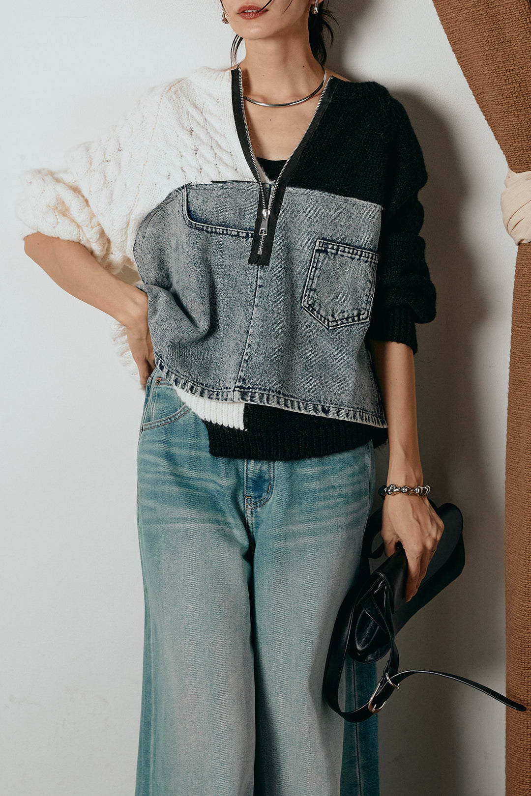 [SET]ハーフジップニットデニムドッキングトップス+ウエストダブルボタンワイドデニムパンツ(2set)