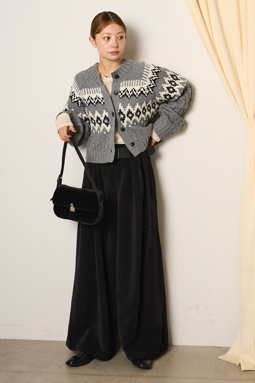 [SET]2WAY求心柄ジャガードショートカーディガン+ベルトループコーデュロイワイドパンツ+2WAY袖コード刺繍クルーネックプルオーバー(3set)