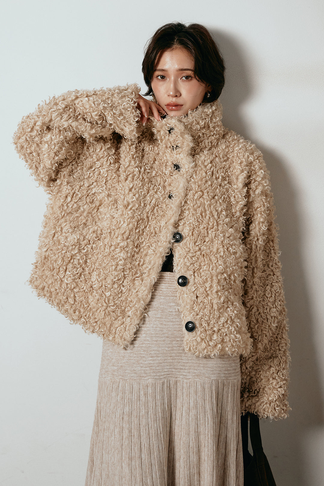 [SET]プードルファーミドルジャケット+編み地切り替えフレアニットスカート(2set)