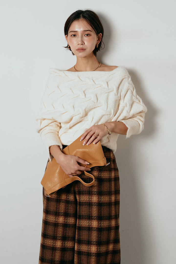 [SET]ボートネックニットトップス+ルーズタータンチェックワイドパンツ(2set)