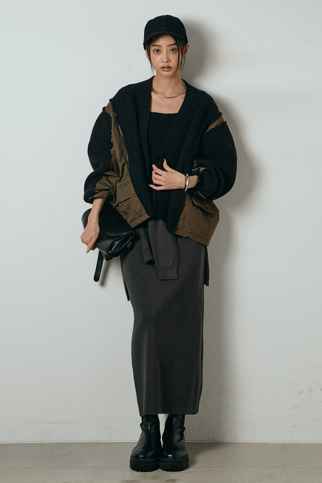 [SET]キルティング切り替えニットカーディガン+ウエストラップ巻きニットスカート(2set)