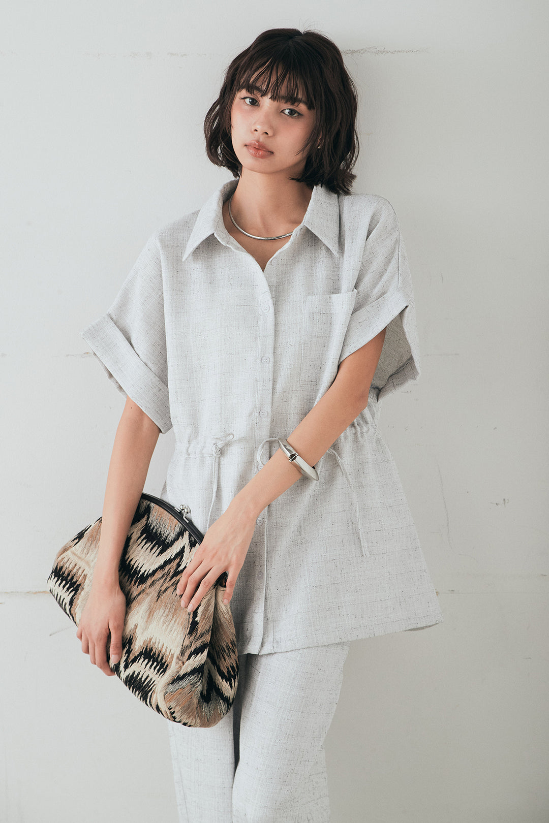 [SET]ツイードウエストドロストシャツ+ツイードタックパンツ(2set)