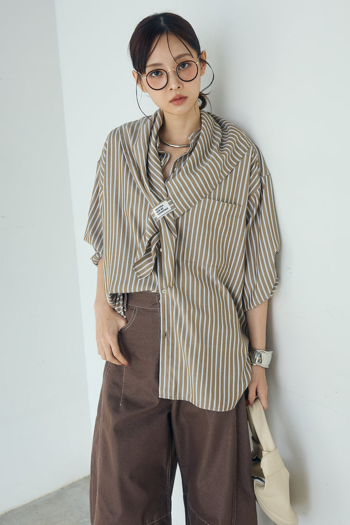 [SET]レーヨンストライプスカーフ+レーヨンストライプバンドカラー長袖シャツ(2set)