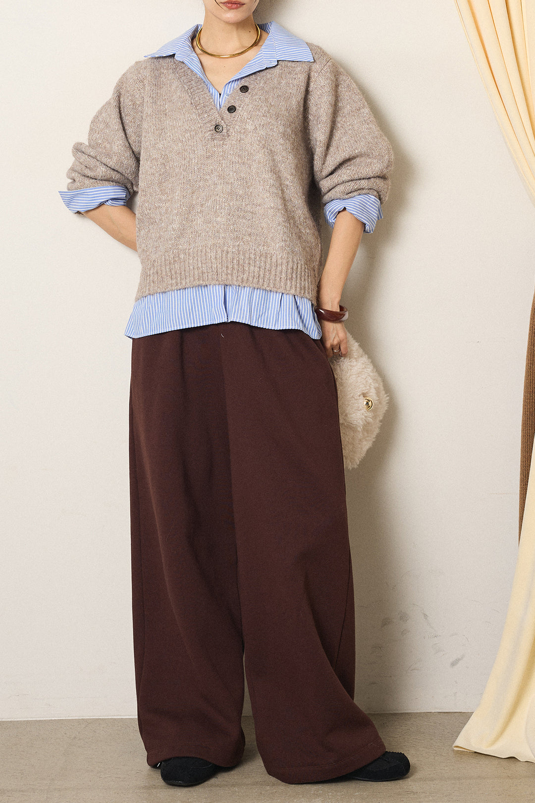 [SET]ストライプシャツドッキングニットポロトップス+裏起毛スウェットワイドパンツ(2set)